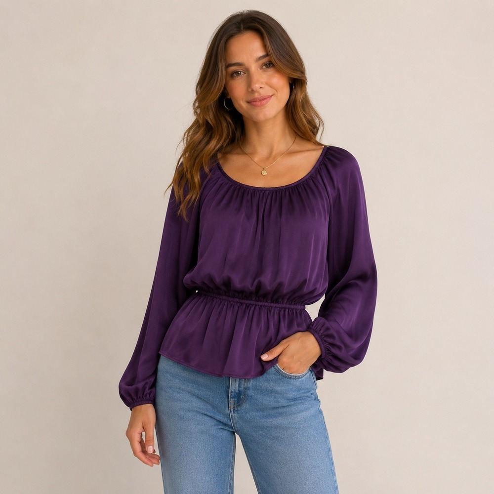 Banana Republic Purple‎ Peplum Blouse XS Long Sleeve Elastic Waist Top Plum